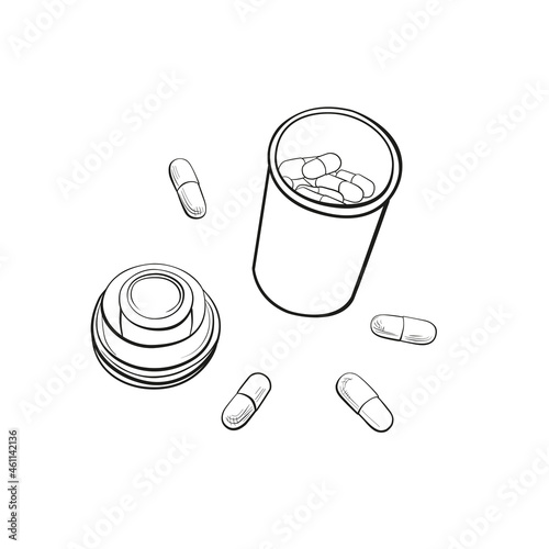 Open jar of medicine. Pills are scattered, hand-drawn in black and white, simple graphics. Vector illustration