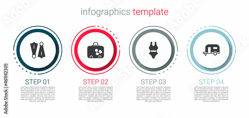 Set Rubber flippers for swimming, Suitcase, Swimsuit and Rv Camping trailer. Business infographic template. Vector