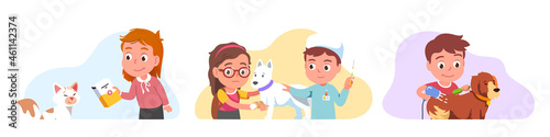 Owners kids feeding cat, combing, treating dog