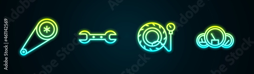 Set line Timing belt kit, Wrench spanner, Tire pressure gauge and Speedometer. Glowing neon icon. Vector