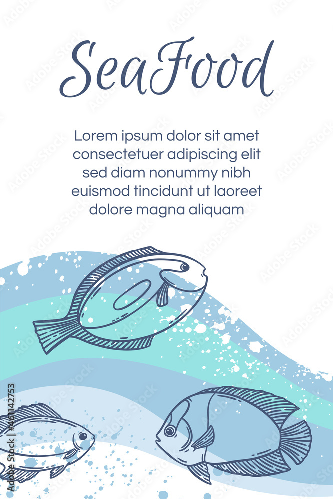 Seafood restaurant menu template, hand drawn fish vector illustration mockup