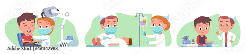 Doctors kids treating ill patients in hospital set