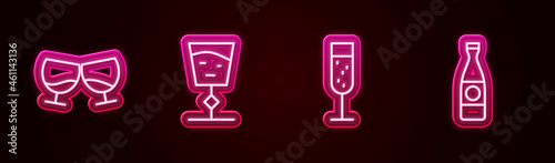 Set line Glass of cognac or brandy, Wine glass, champagne and Beer bottle. Glowing neon icon. Vector