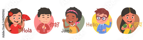 Multiethnic kids say hello in different languages