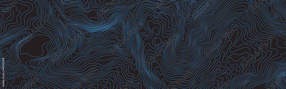 The stylized height of the topographic map contour in lines black an blue colors. The concept of a conditional geography scheme and the terrain path. Ultra Wide Size. Vector illustration.