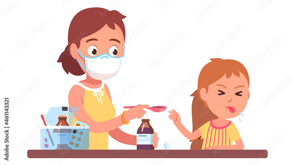 Kid refusing to take medicine. Mother giving syrup Kid refusing to take medicine. Mother giving syrup