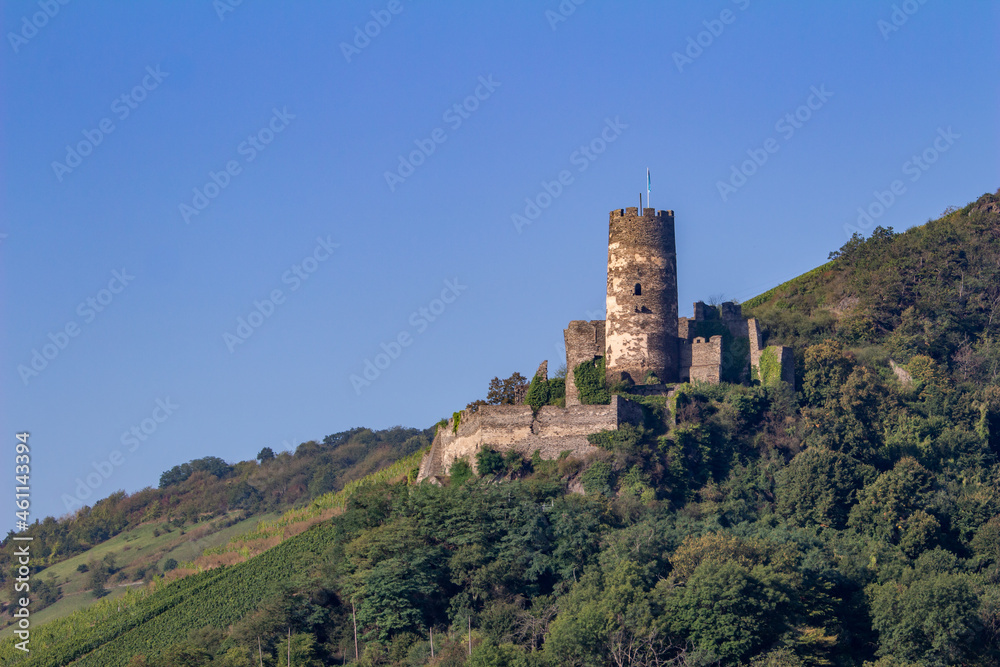 Fürstenberg Castle ruins landscape on the upper middle Rhine River near Oberdiebach, Germany. Also known as Burg Fürstenberg.