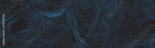 The stylized height of the topographic map contour in lines black an blue colors. The concept of a conditional geography scheme and the terrain path. Ultra Wide Size. Vector illustration.