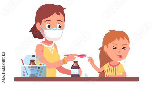 Kid refusing to take medicine. Mother giving syrup
