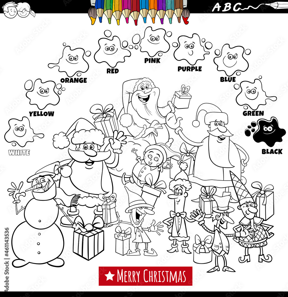 basic colors color book with group of Christmas characters