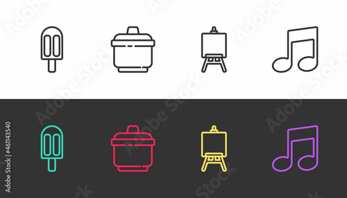 Set line Ice cream, Cooking pot, Easel or painting art boards and Music note, tone on black and white. Vector
