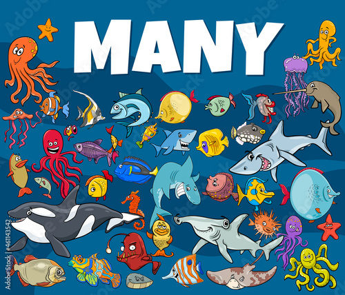 many sea life animals cartoon characters group
