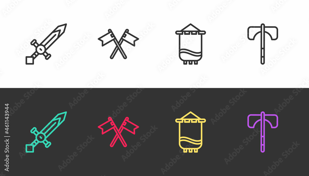 Fototapeta premium Set line Medieval sword, Crossed medieval flag, and axe on black and white. Vector