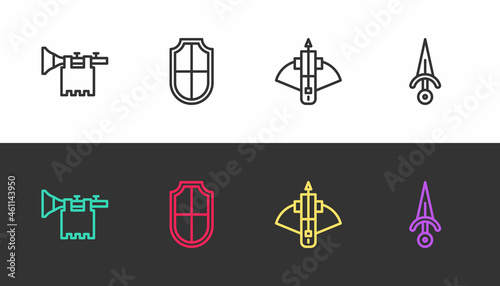 Set line Trumpet with flag, Shield, Battle crossbow arrow and Dagger on black and white. Vector