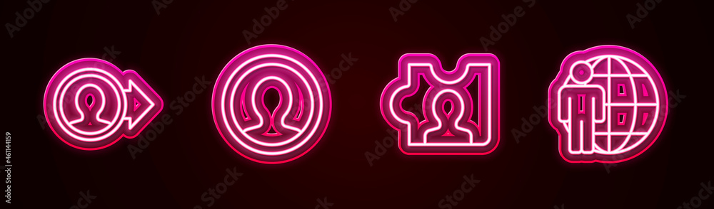 Set line Create account screen, , Head hunting and . Glowing neon icon. Vector Set line Create account screen, , Head hunting and . Glowing neon icon. Vector