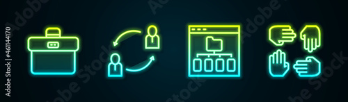 Set line Briefcase, Human resources, Browser files and Project team base. Glowing neon icon. Vector