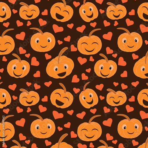 Funny cartoon Pumpkin seamless pattern  with heart shapes scattered on dark brown background. great for kids cloths , Halloween greeting cards and decoration 