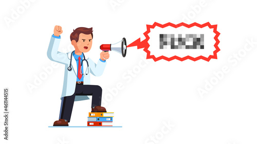 Medical worker man cursing yelling with bullhorn