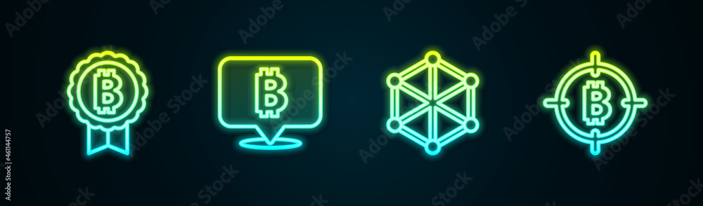 Set line Bitcoin, , Blockchain technology and the target. Glowing neon icon. Vector Set line Bitcoin, , Blockchain technology and the target. Glowing neon icon. Vector
