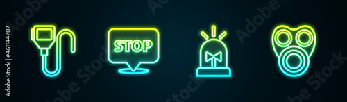 Set line Walkie talkie, Protest, Flasher siren and Gas mask. Glowing neon icon. Vector