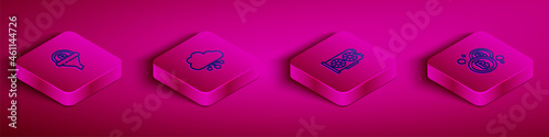 Set Isometric line Sales funnel with bitcoin, Cryptocurrency cloud mining, Video graphic card and Bitcoin icon. Vector