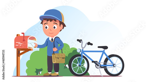 Postman delivering letter in post box by bicycle