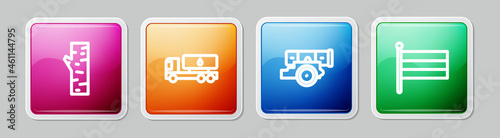 Set line Birch tree, Tanker truck, Cannon and National Russia flag. Colorful square button. Vector
