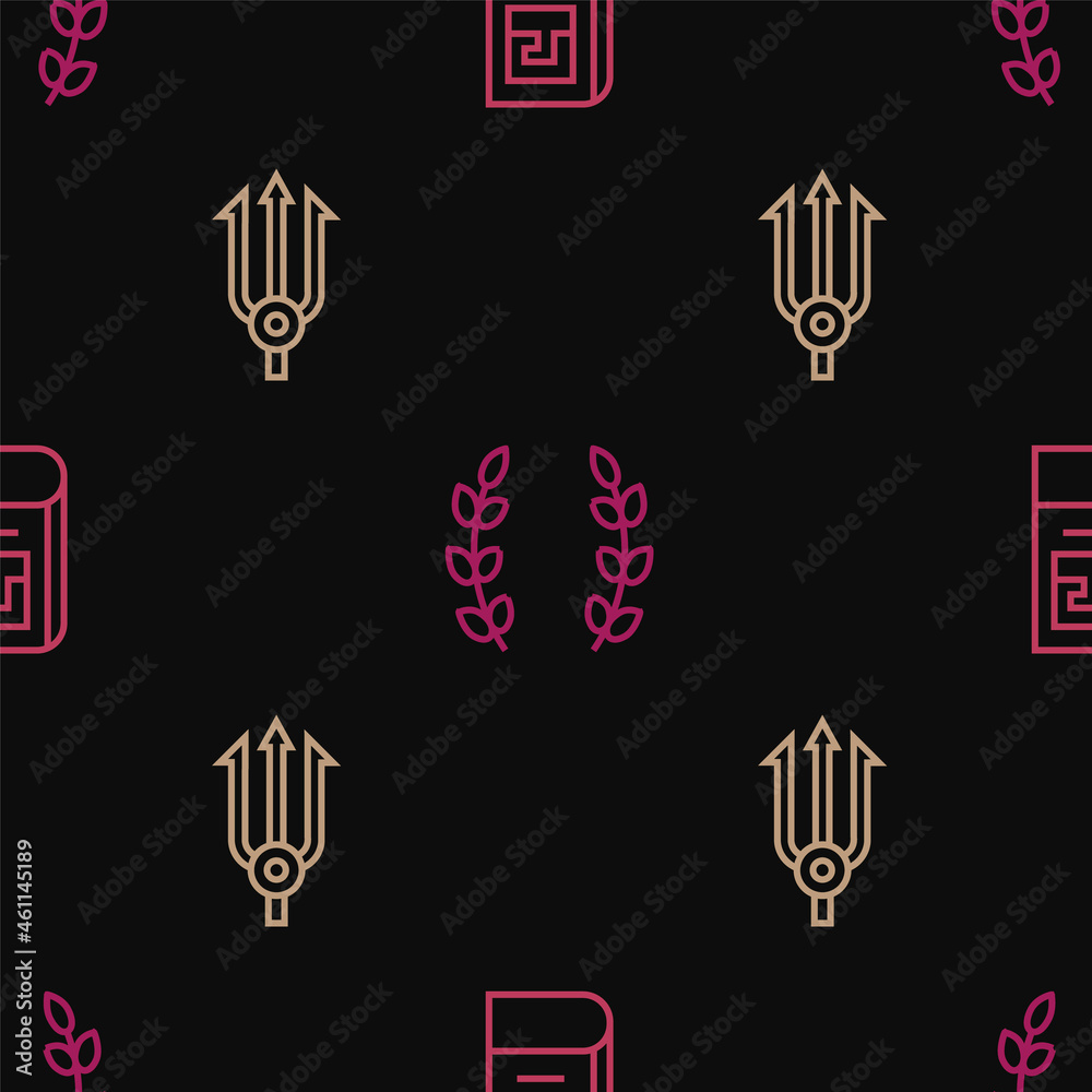 Set line Greek history book, Neptune Trident and Laurel wreath on seamless pattern. Vector