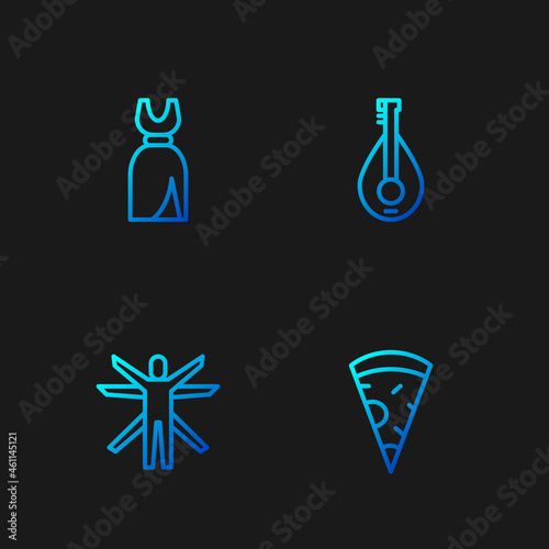 Set line Slice of pizza, Vitruvian Man, Woman dress and Mandolin. Gradient color icons. Vector