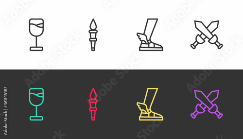 Set line Wine glass, Torch flame, Hermes sandal and Crossed medieval sword on black and white. Vector