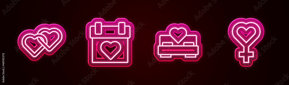 Set line Two Linked Hearts, Calendar, Bedroom and Female gender symbol. Glowing neon icon. Vector Set line Two Linked Hearts, Calendar, Bedroom and Female gender symbol. Glowing neon icon. Vector
