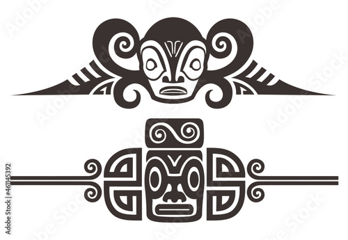 Polynesian tattoo design elements. Vector tiki heads with ornaments. Inspired by Tahitian and Marquesan art.