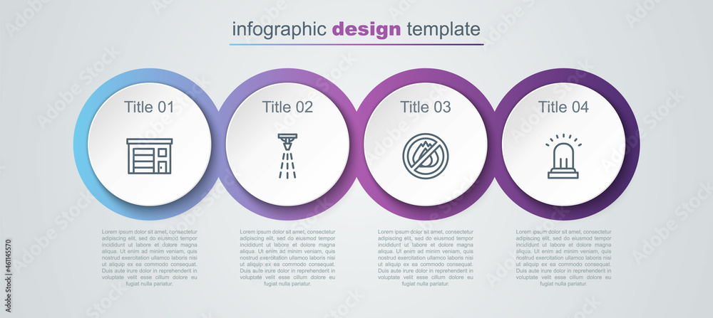 Set line Building of fire station, Fire sprinkler, No and Ringing alarm bell. Business infographic template. Vector Set line Building of fire station, Fire sprinkler, No and Ringing alarm bell. Business infographic template. Vector