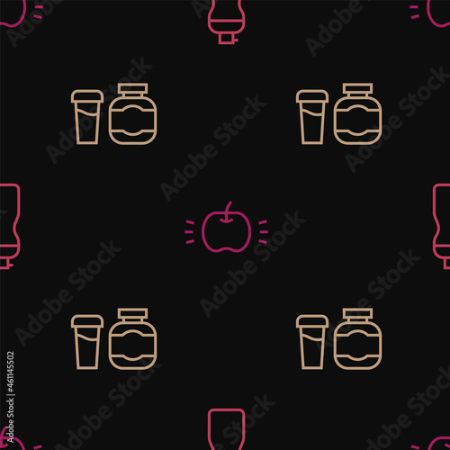 Set line Fitness shaker, Sports nutrition and Apple on seamless pattern. Vector