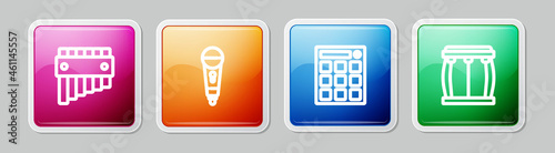 Set line Pan flute, Microphone, Drum machine and . Colorful square button. Vector