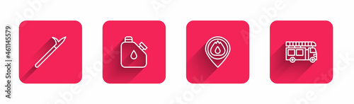 Set line Metal pike pole, Canister fuel, Location with fire flame and Fire truck with long shadow. Red square button. Vector