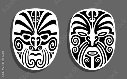 Pair of Maori face tattoos. Vector design elements. Native arts from New-Zealand.