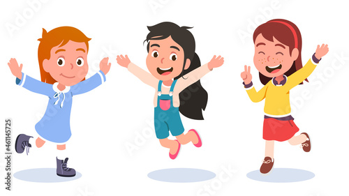 Cheerful girls jumping, running, raising hands
