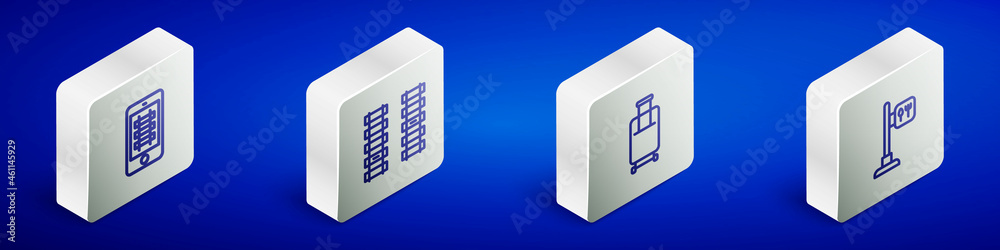 Set Isometric line Buy train ticket online, Railway, railroad track, Suitcase and Cafe and restaurant location icon. Vector Set Isometric line Buy train ticket online, Railway, railroad track, Suitcase and Cafe and restaurant location icon. Vector