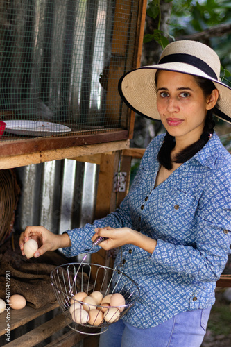 Peasant woman in Latin America, in a chicken coop. collecting eggs from their chickens. Woman in the chicken pen taking eggs. showing her hen and her eggs.