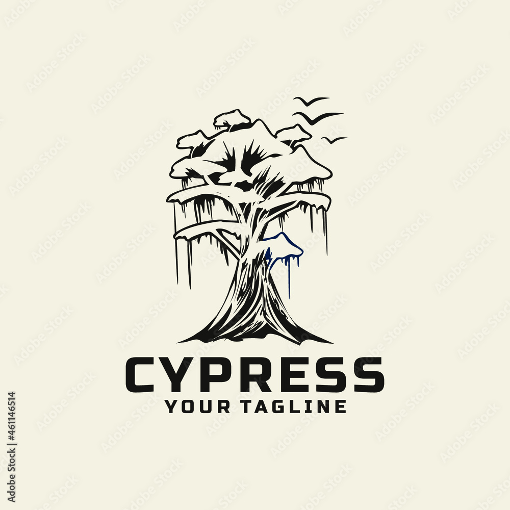 Tree Cypress Logo Design Illustrtion Floral Flowers Bird 