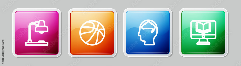 Set line Table lamp, Basketball ball, Human brain and Online class. Colorful square button. Vector Set line Table lamp, Basketball ball, Human brain and Online class. Colorful square button. Vector