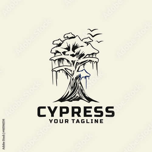 Tree Cypress Logo Design Illustrtion Floral Flowers Bird 