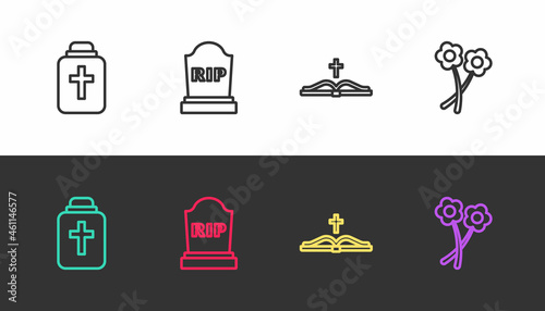 Set line Funeral urn, Tombstone with RIP written, Holy bible book and Flower on black and white. Vector