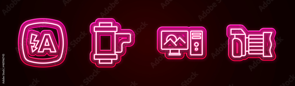 Set line Auto flash, Camera roll cartridge, Photo retouching and camera. Glowing neon icon. Vector Set line Auto flash, Camera roll cartridge, Photo retouching and camera. Glowing neon icon. Vector
