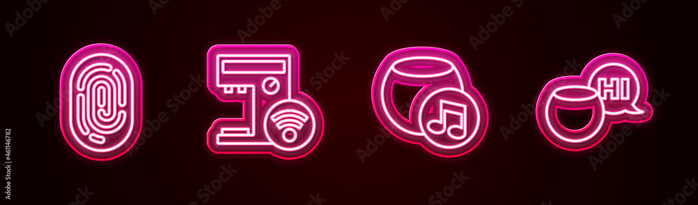 Set line Fingerprint, Smart coffee machine, Voice assistant and . Glowing neon icon. Vector