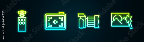 Set line Remote control for camera, Photo, and retouching. Glowing neon icon. Vector