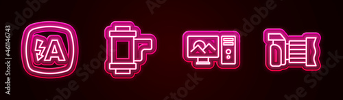 Set line Auto flash, Camera roll cartridge, Photo retouching and camera. Glowing neon icon. Vector