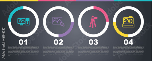Set line Photo retouching, , Tripod and camera. Business infographic template. Vector