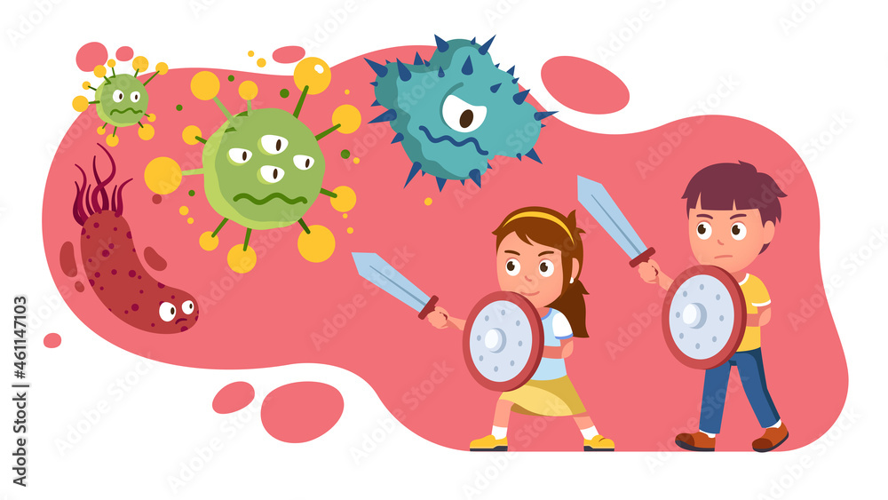 Kids holding swords, fight corona virus, bacteria Kids holding swords, fight corona virus, bacteria